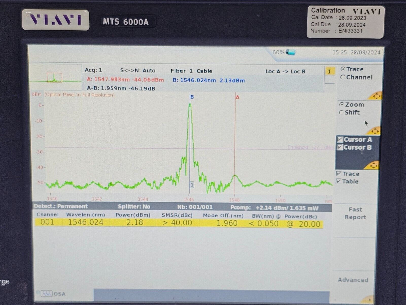 Calibrated Viavi JDSU 6000A V2 OSA-110R 1250-1650 nm 2304/91.04 OSA In-Band OSNR