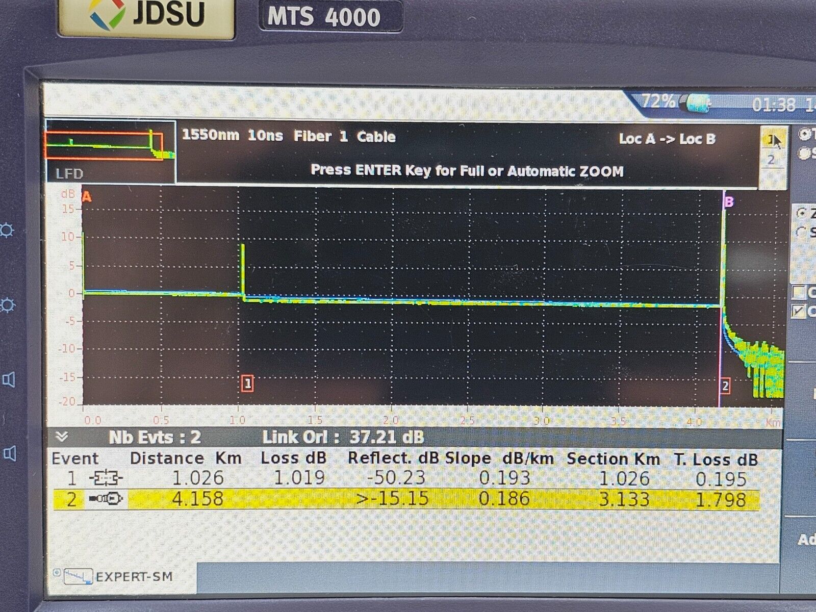 Viavi JDSU MTS 4000 Mainframe & 4126 MA SM OTDR 1310/1550 nm APC-SC 37/35 dB