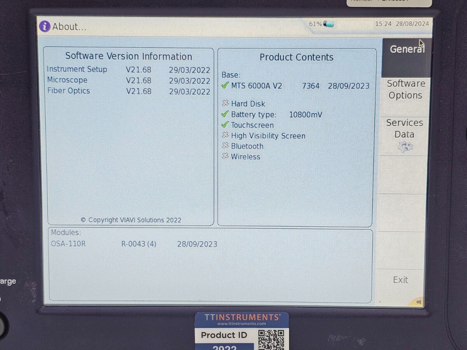 Calibrated Viavi JDSU 6000A V2 OSA-110R 1250-1650 nm 2304/91.04 OSA In-Band OSNR