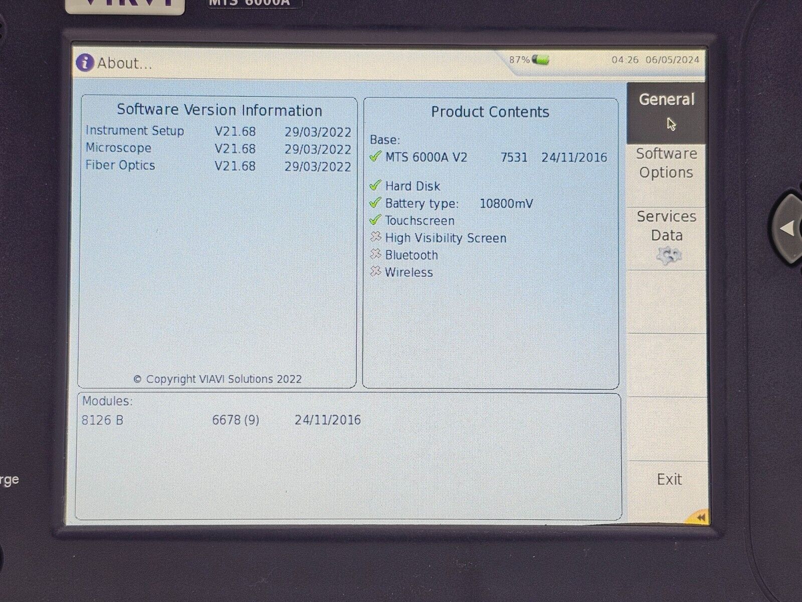 Viavi JDSU MTS 6000A V2 + 8126 B SM OTDR Module 1310/1550nm E8126B APC-FC