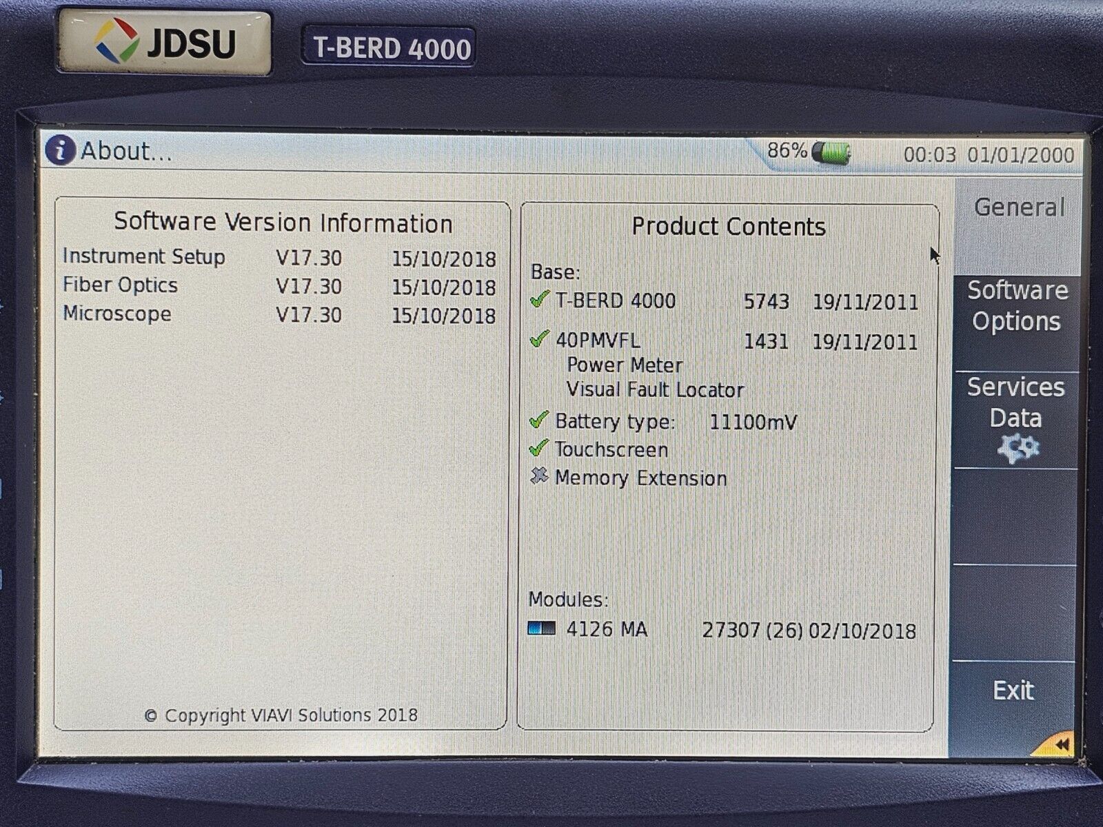 Viavi JDSU MTS 4000 with PM VFL & 4126 MA SM OTDR 1310/1550nm SC-APC 37/35 dB SM