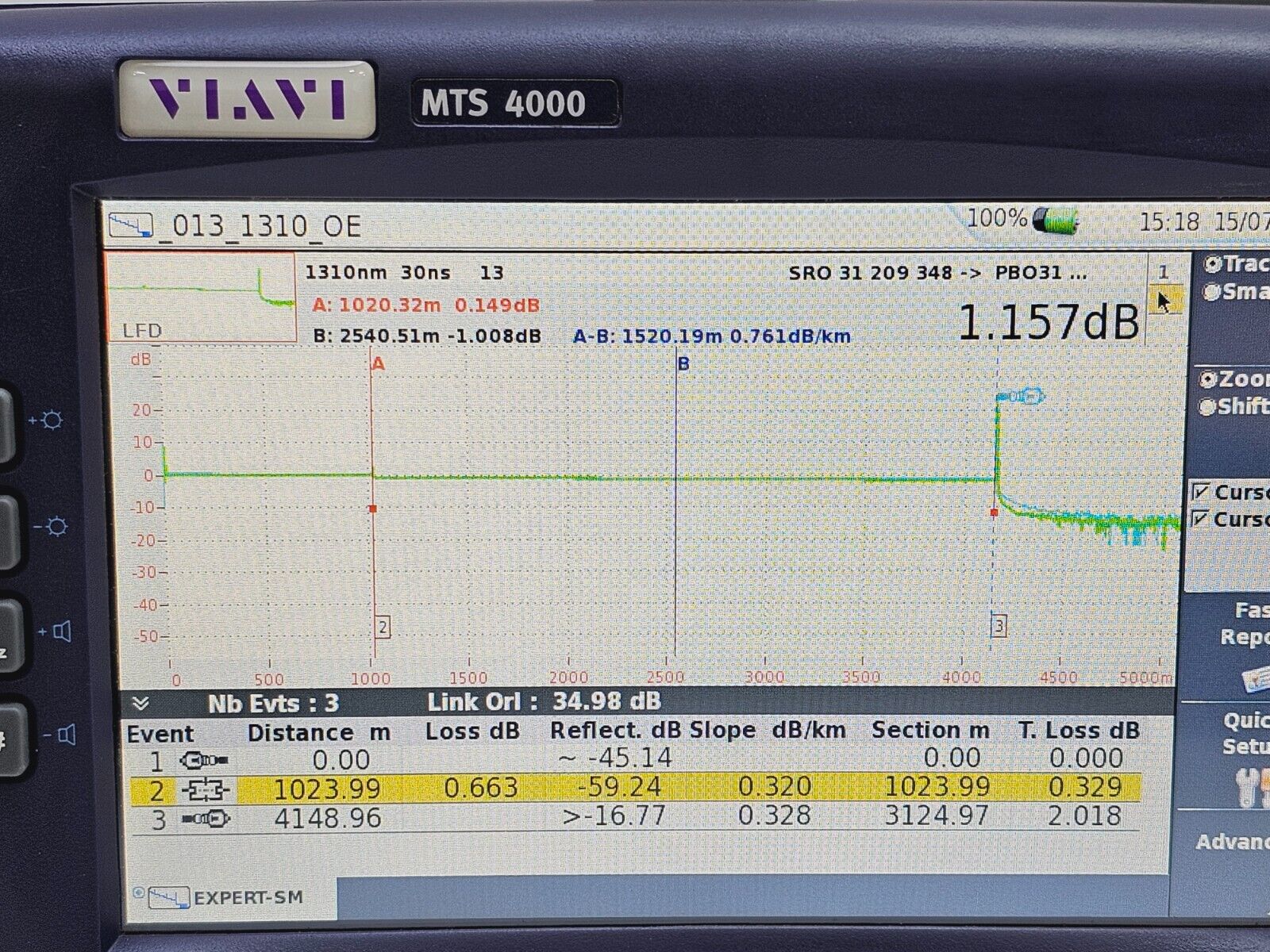 Viavi JDSU MTS 4000 Mainframe & 4126 MA SM OTDR 1310/1550nm SC-APC 37/35 dB SM