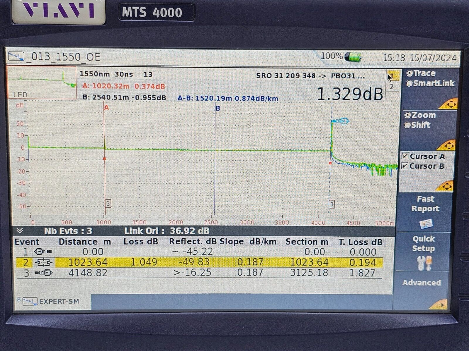 Viavi JDSU MTS 4000 Mainframe & 4126 MA SM OTDR 1310/1550nm SC-APC 37/35 dB SM