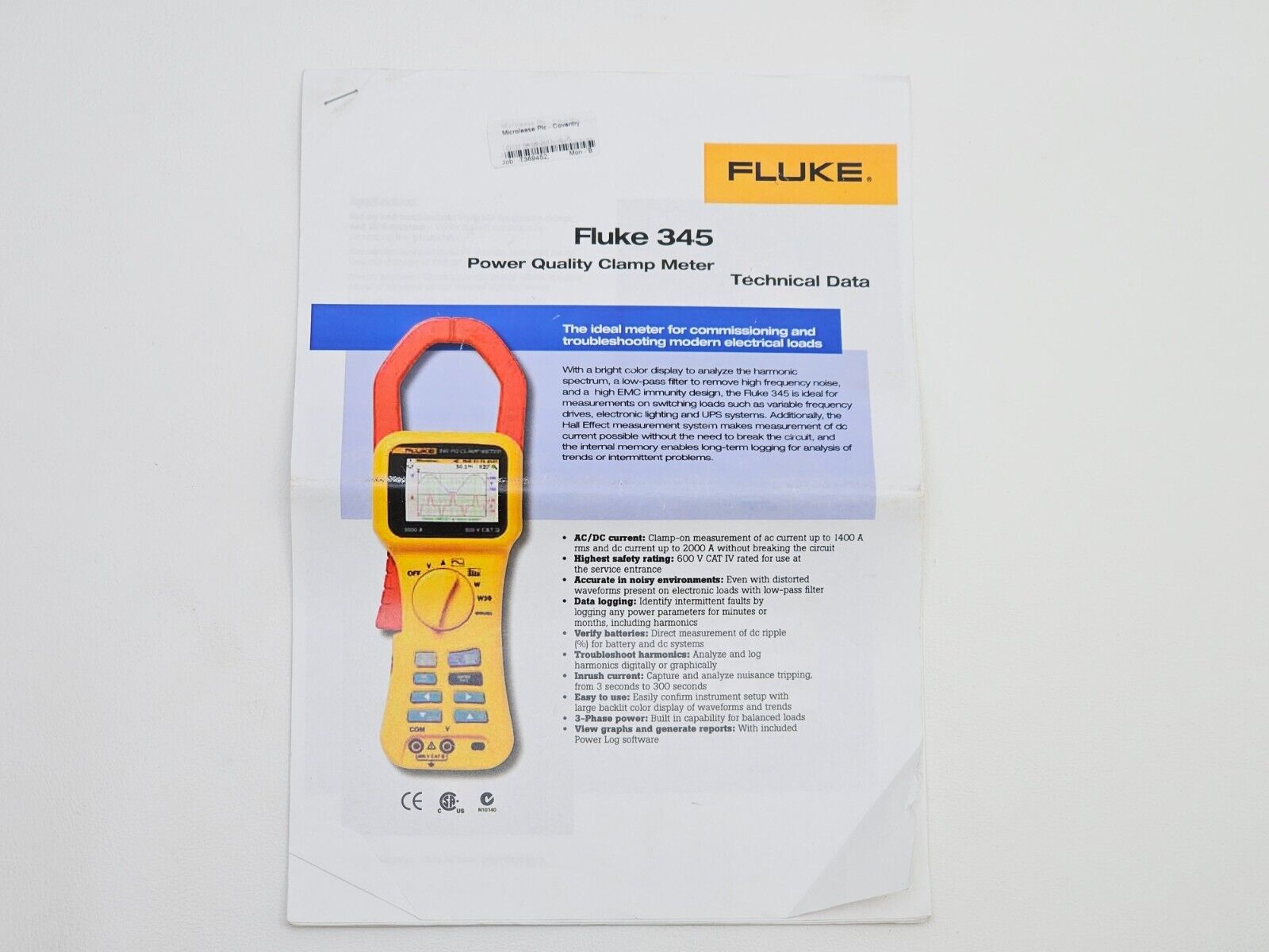 FLUKE 345 PQ Power Quality CLAMP METER 2000 A 600 V with Accessories