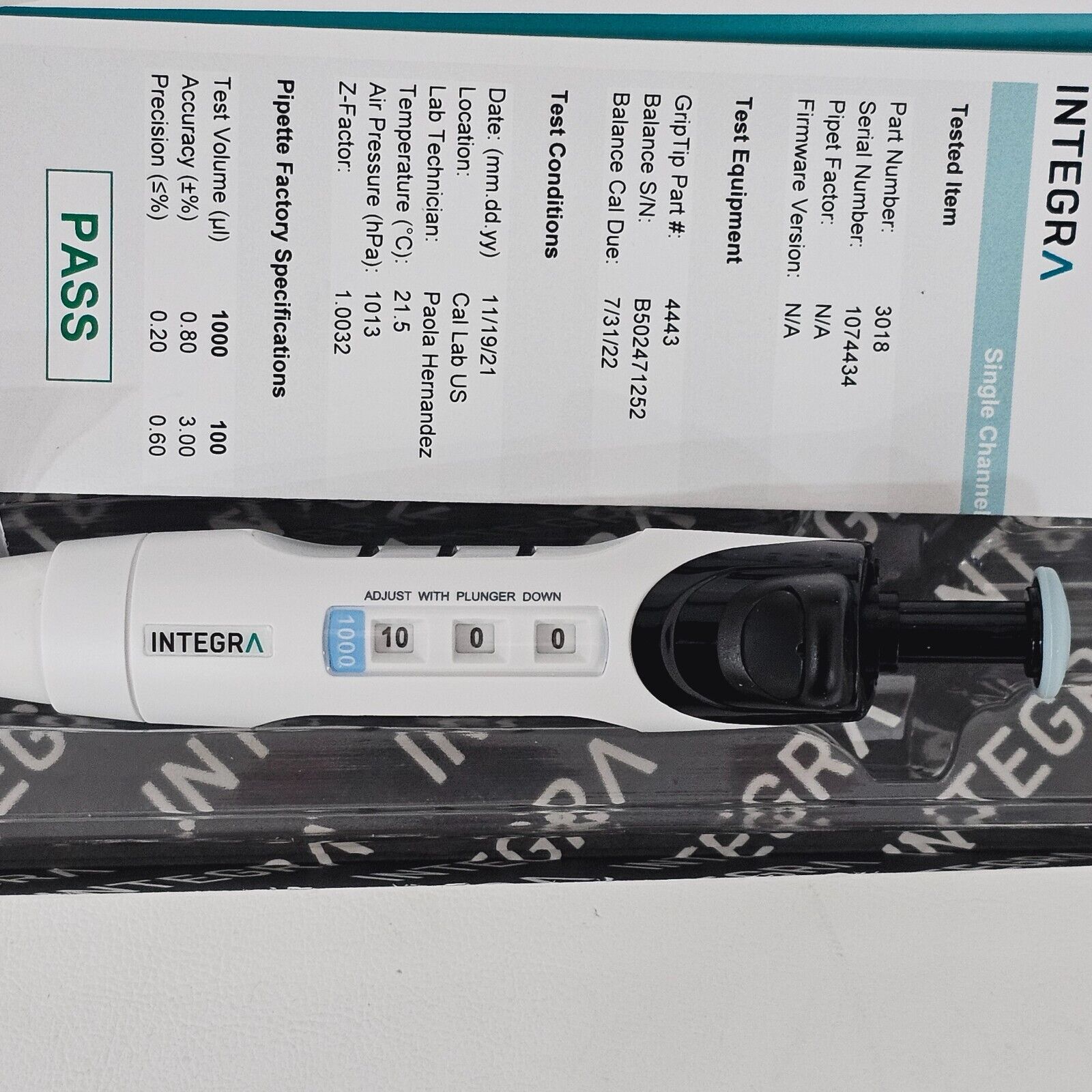 New INTEGRA EVOLVE Well balanced Manual Pipette 3018 Single Channel 100-1000µl