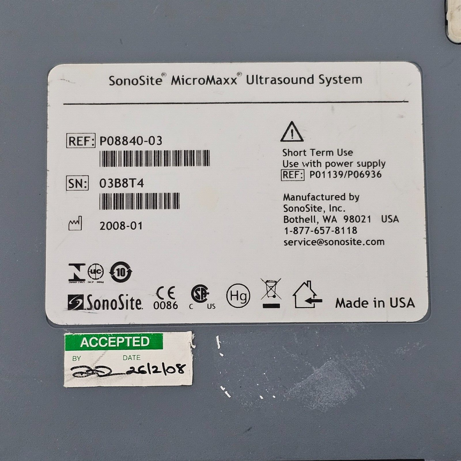 FOR PARTS SonoSite MicroMaxx P08840-03 MFD 2008