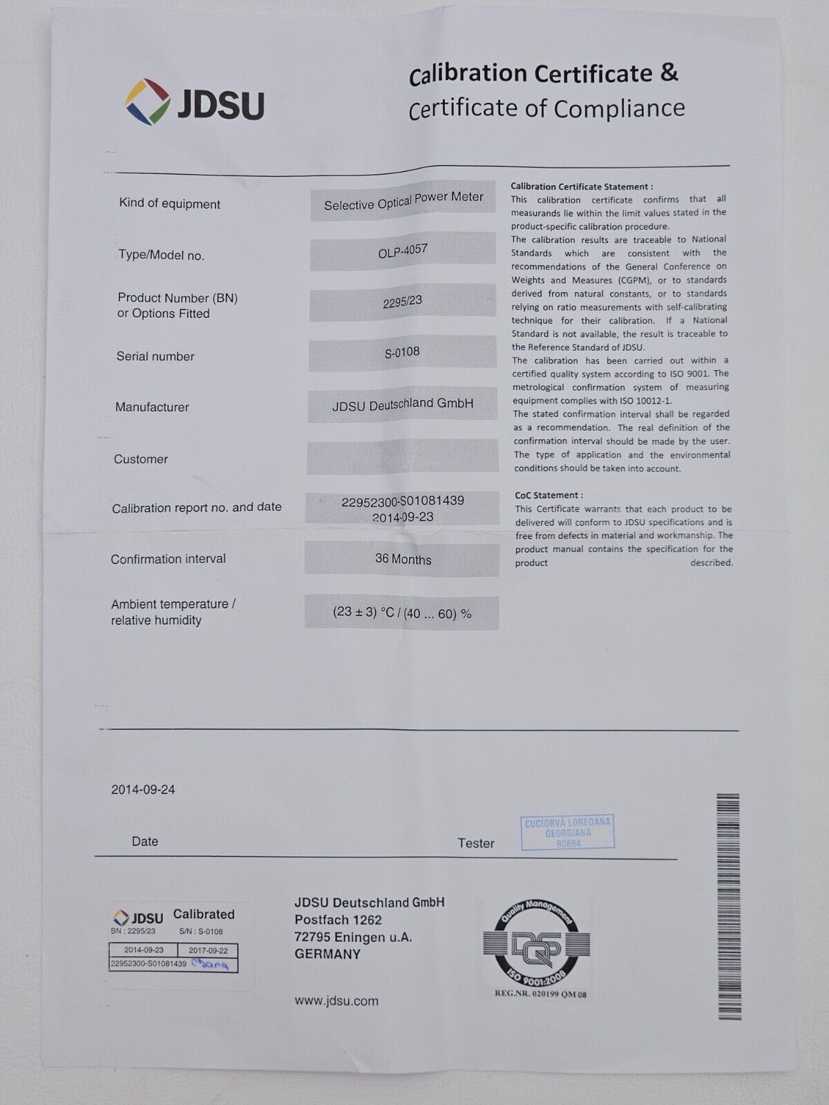 Viavi JDSU OLP-4057 PON Selective Power Meter 2295/23 for T-Berd MTS-4000 / 2000