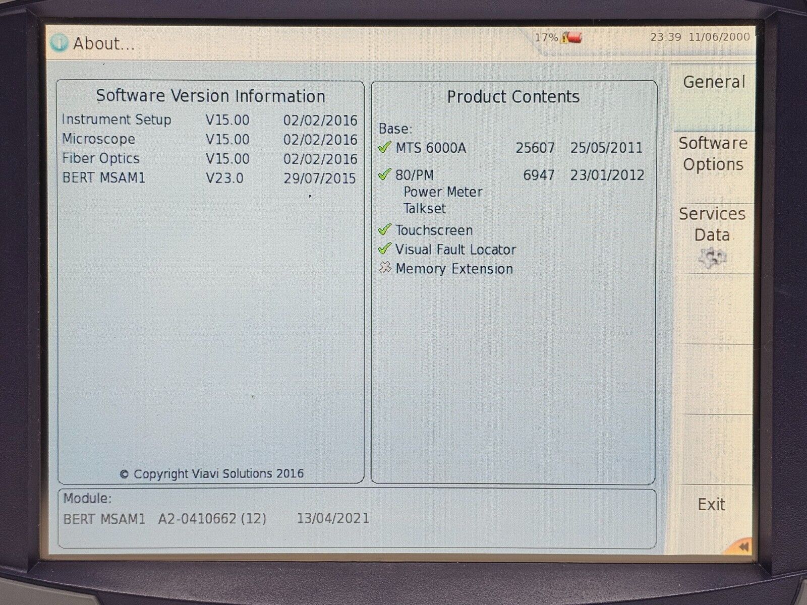 Viavi JDSU MTS 6000A Platform with BERT MSAM1 C1000 Module with Opt. 10 GigE LAN