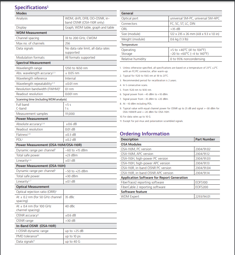 Viavi JDSU OSA-110M 1250-1650nm OSA Optical Spectrum Analyzer 2304/91.02 PC SC