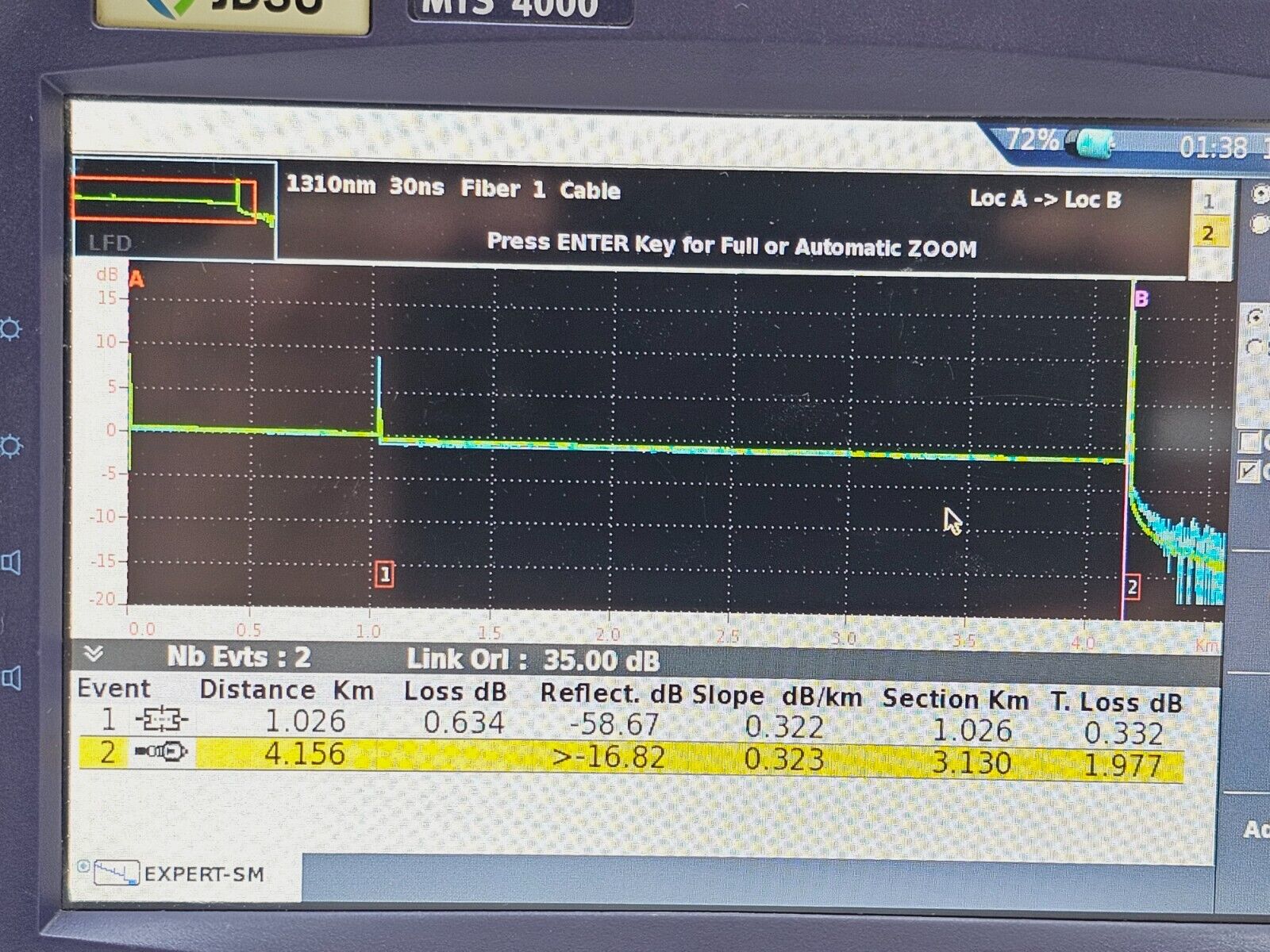 Viavi JDSU MTS 4000 Mainframe & 4126 MA SM OTDR 1310/1550 nm APC-SC 37/35 dB