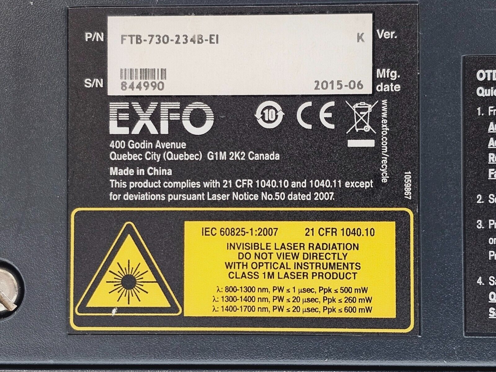 EXFO FTB-1 with FTB-730-234B-EI SM OTDR 1310/1550/1625 nm FTB-730 SC-PC