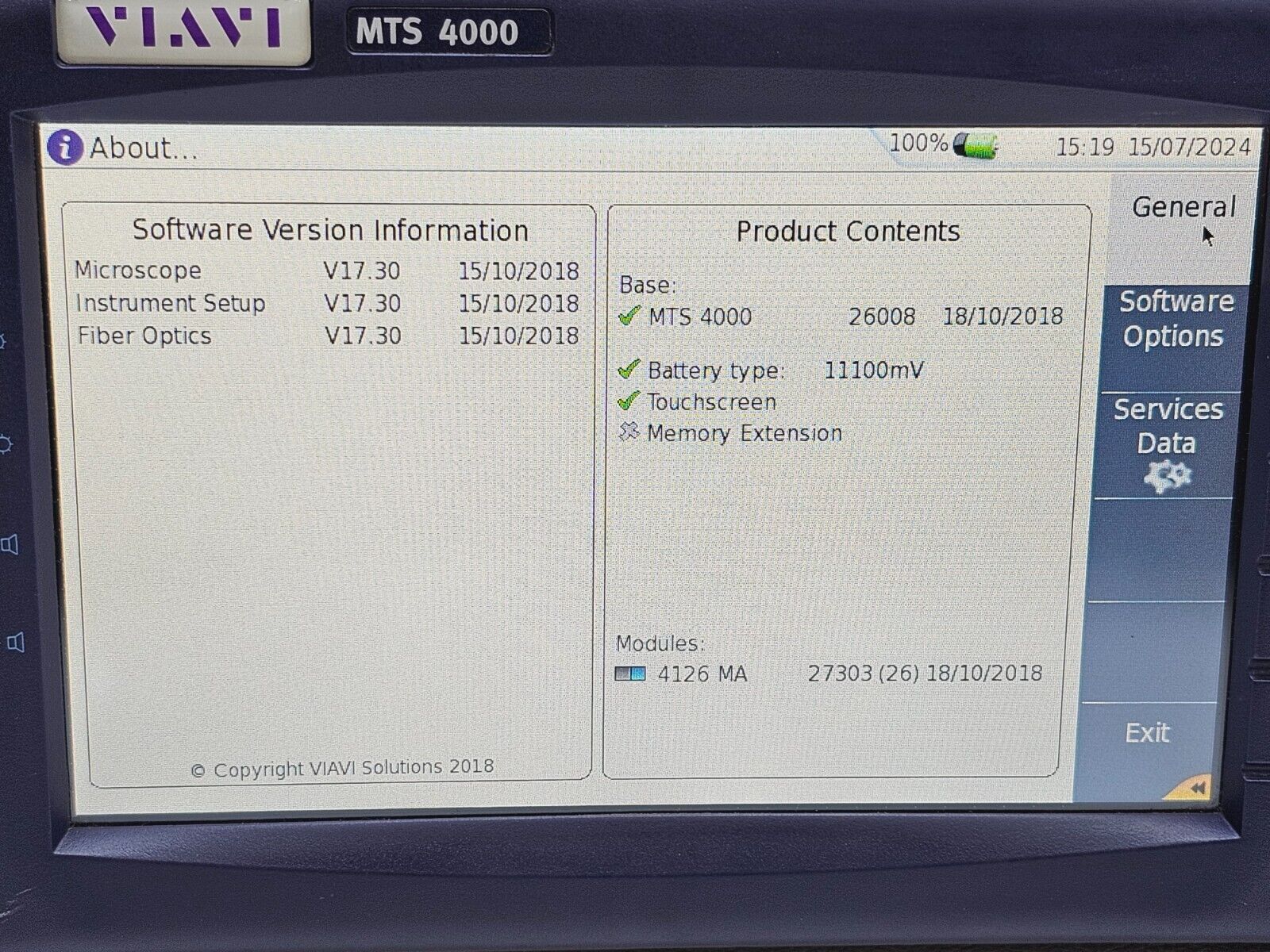 Viavi JDSU MTS 4000 Mainframe & 4126 MA SM OTDR 1310/1550nm SC-APC 37/35 dB SM