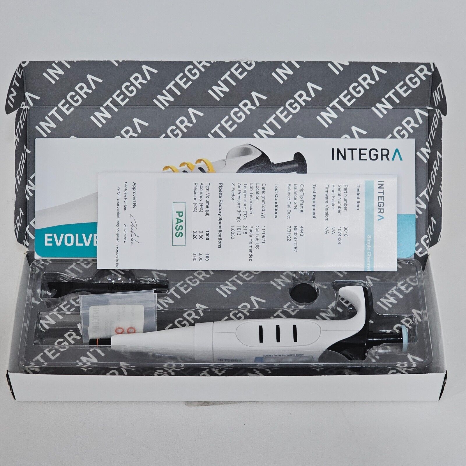 New INTEGRA EVOLVE Well balanced Manual Pipette 3018 Single Channel 100-1000µl