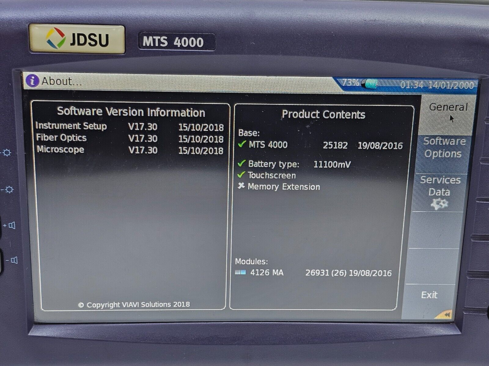 Viavi JDSU MTS 4000 Mainframe & 4126 MA SM OTDR 1310/1550 nm APC-SC 37/35 dB