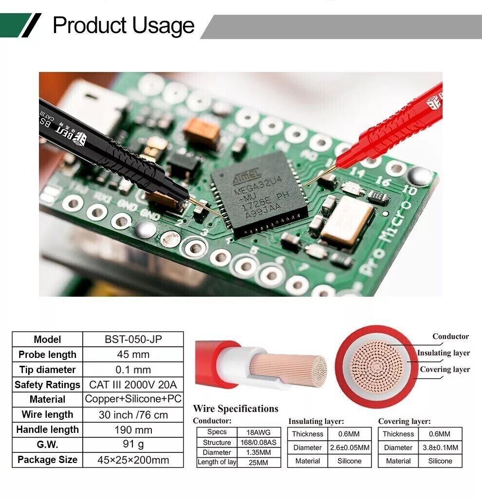 BST-050-JP Ultra Fine Soft Silicone 2000V 20A Multimeter Test Leads Probes