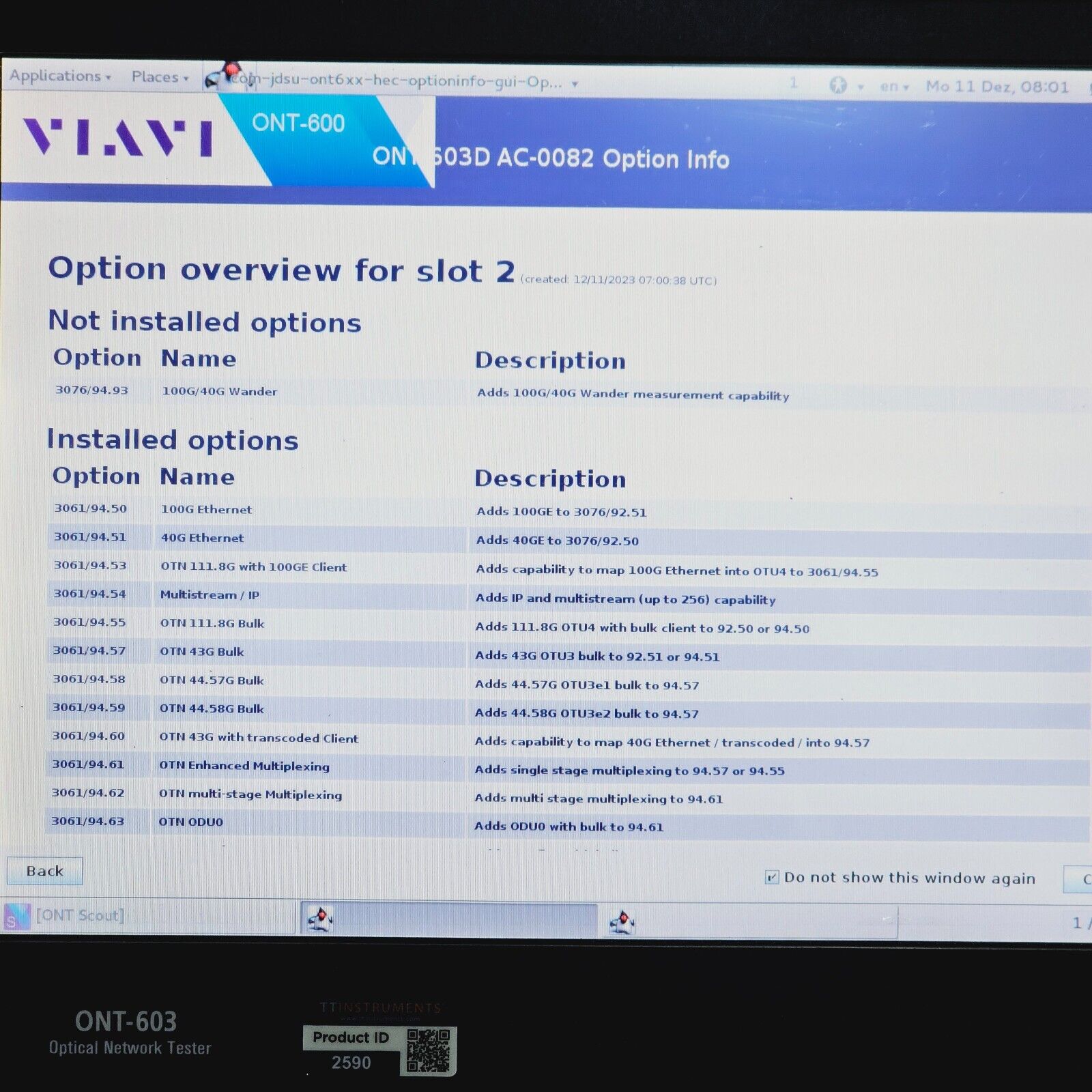 JDSU Viavi ONT-603 Optical Network Tester w/ QSFP+/CFP2 Module 40/100G Ethernet