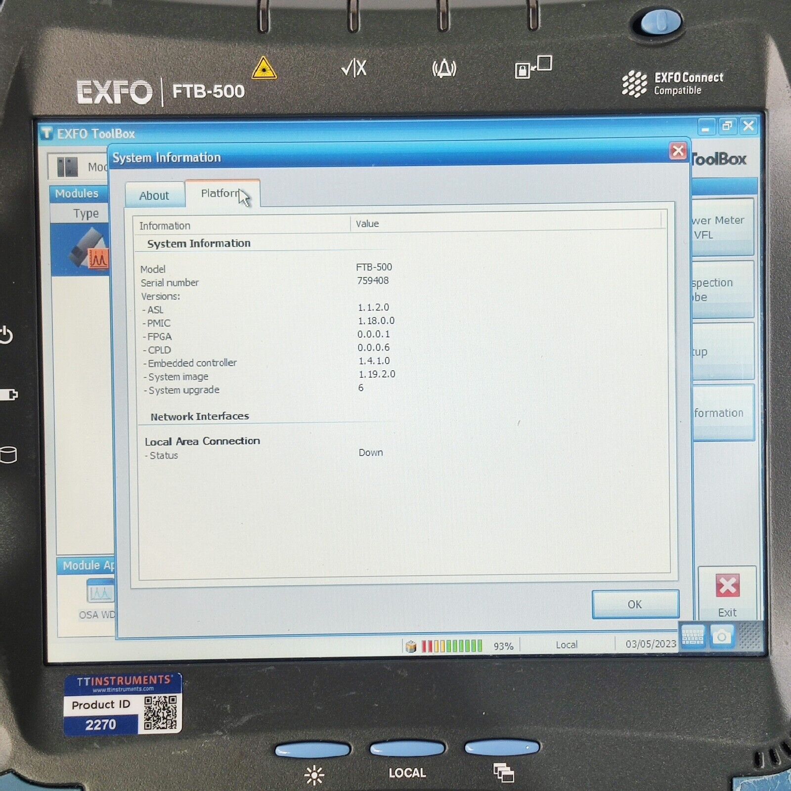 EXFO FTB-500 Mainframe w/ FTB-5240S-P OSA Optical Spectrum Analyzer 1250-1650 nm