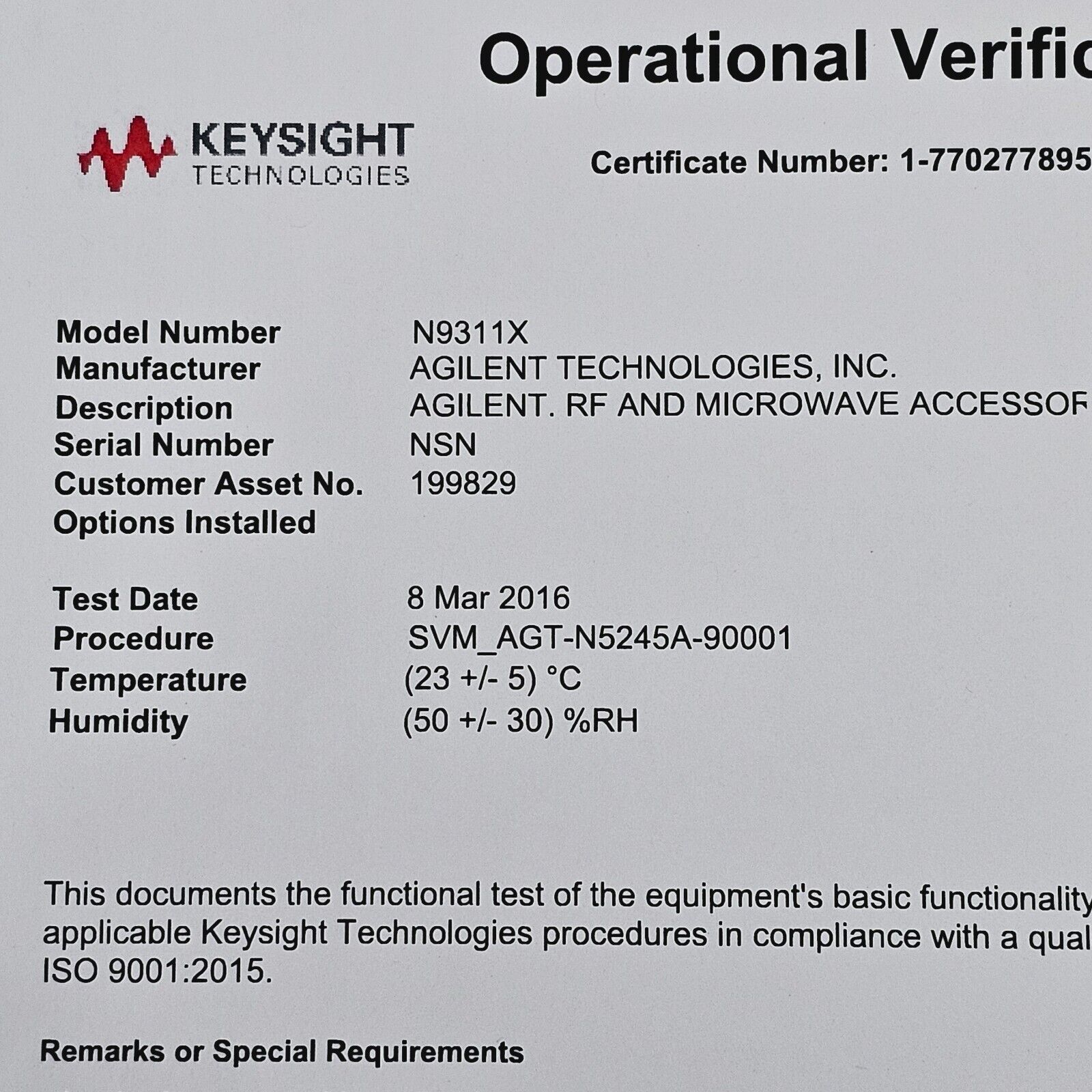 Keysight Agilent N9311X Cable N9311X-582 DC - 8GHz 1.5m Type-SMA(m) to type-SMA(