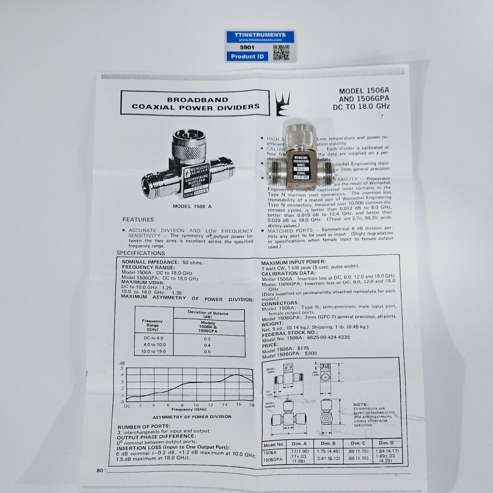 Weinschel 1506A Broadband Resistive Power Divider DC to 18.0 GHz Type N