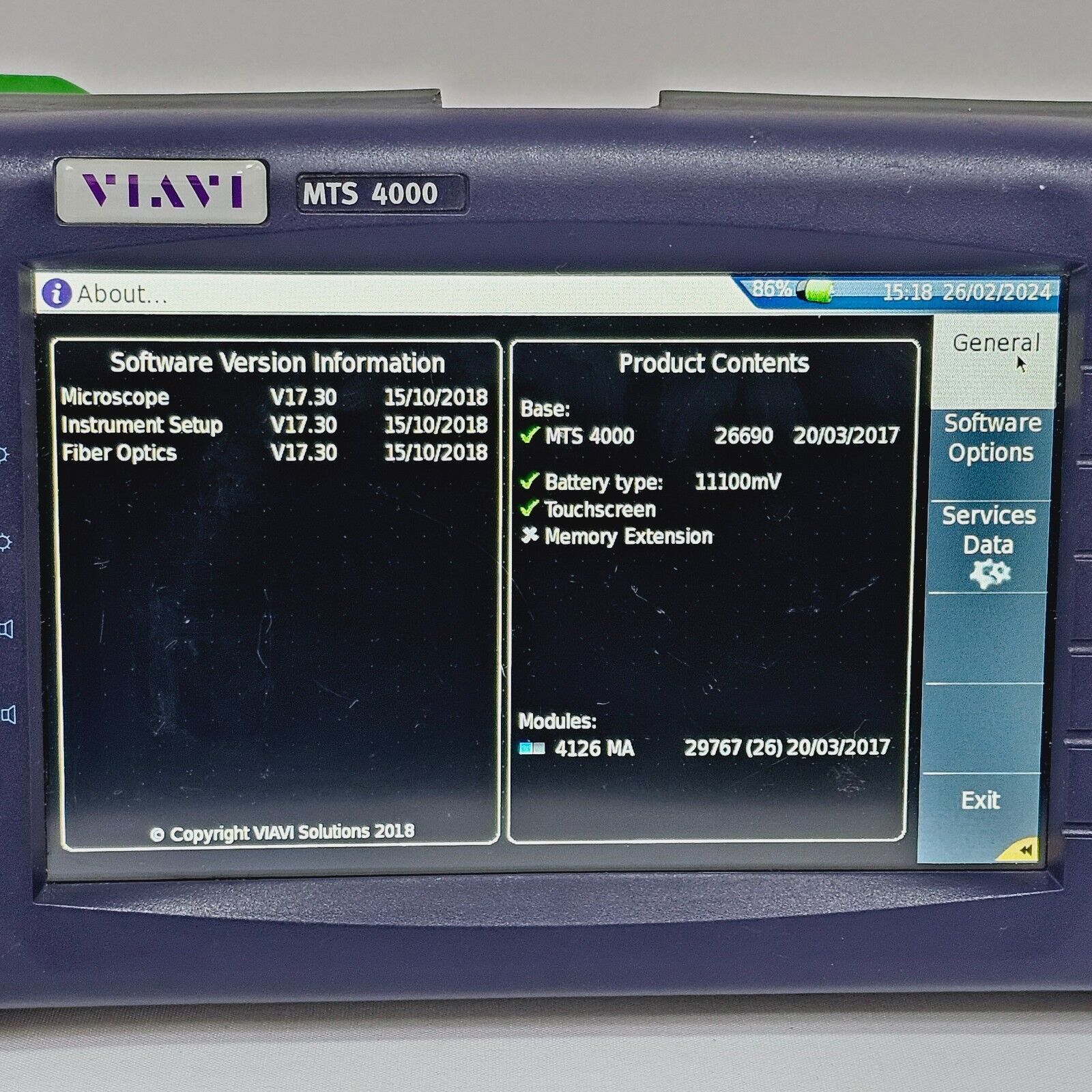 Viavi JDSU MTS 4000 Mainframe w/ 4126 MA SM OTDR 1310/1550 nm APC