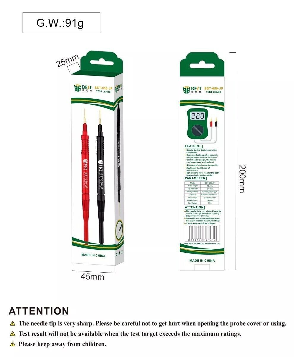 BST-050-JP Ultra Fine Soft Silicone 2000V 20A Multimeter Test Leads Probes