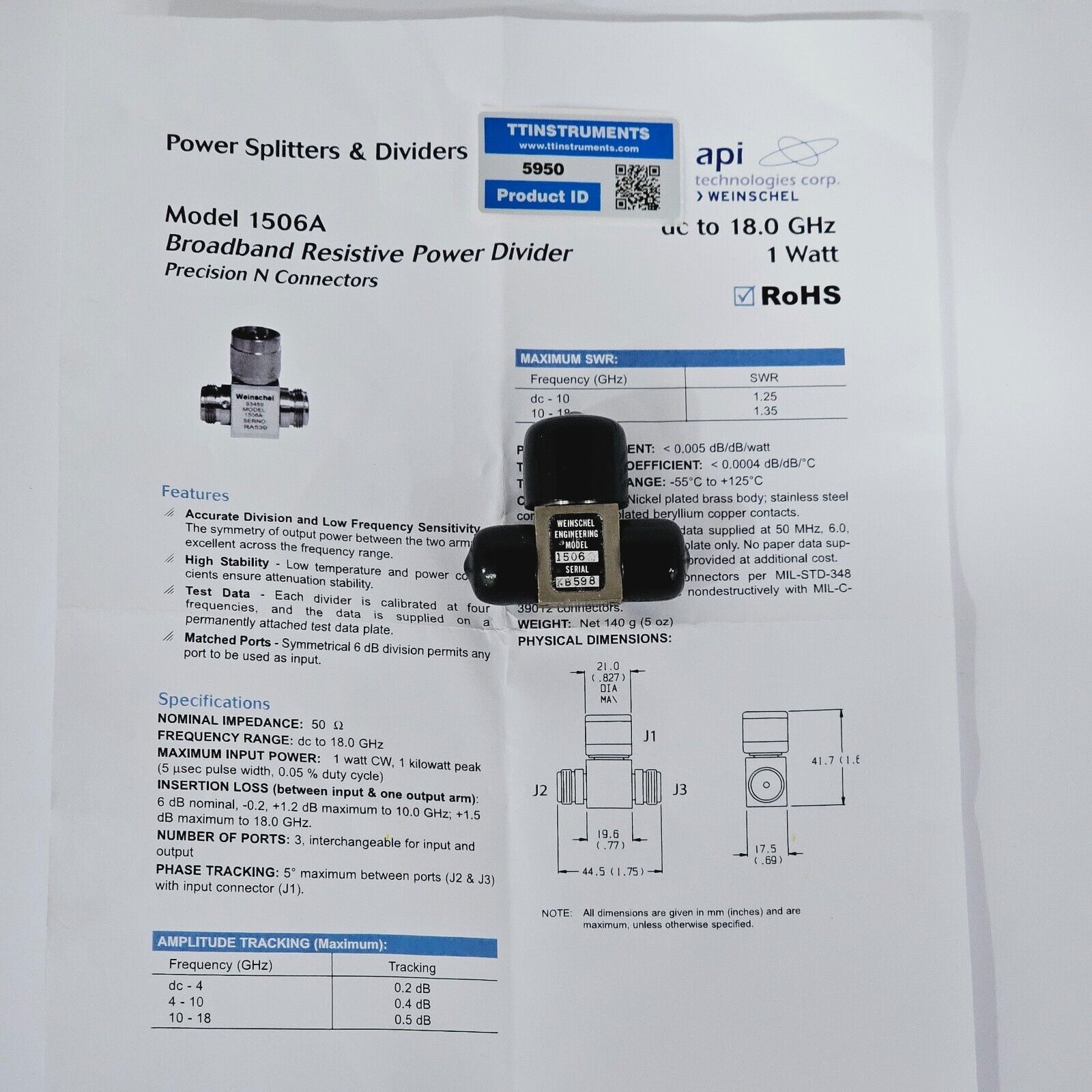 Weinschel 1506A Broadband Resistive Power Divider DC - 18.0 GHz Type N 1 Watt